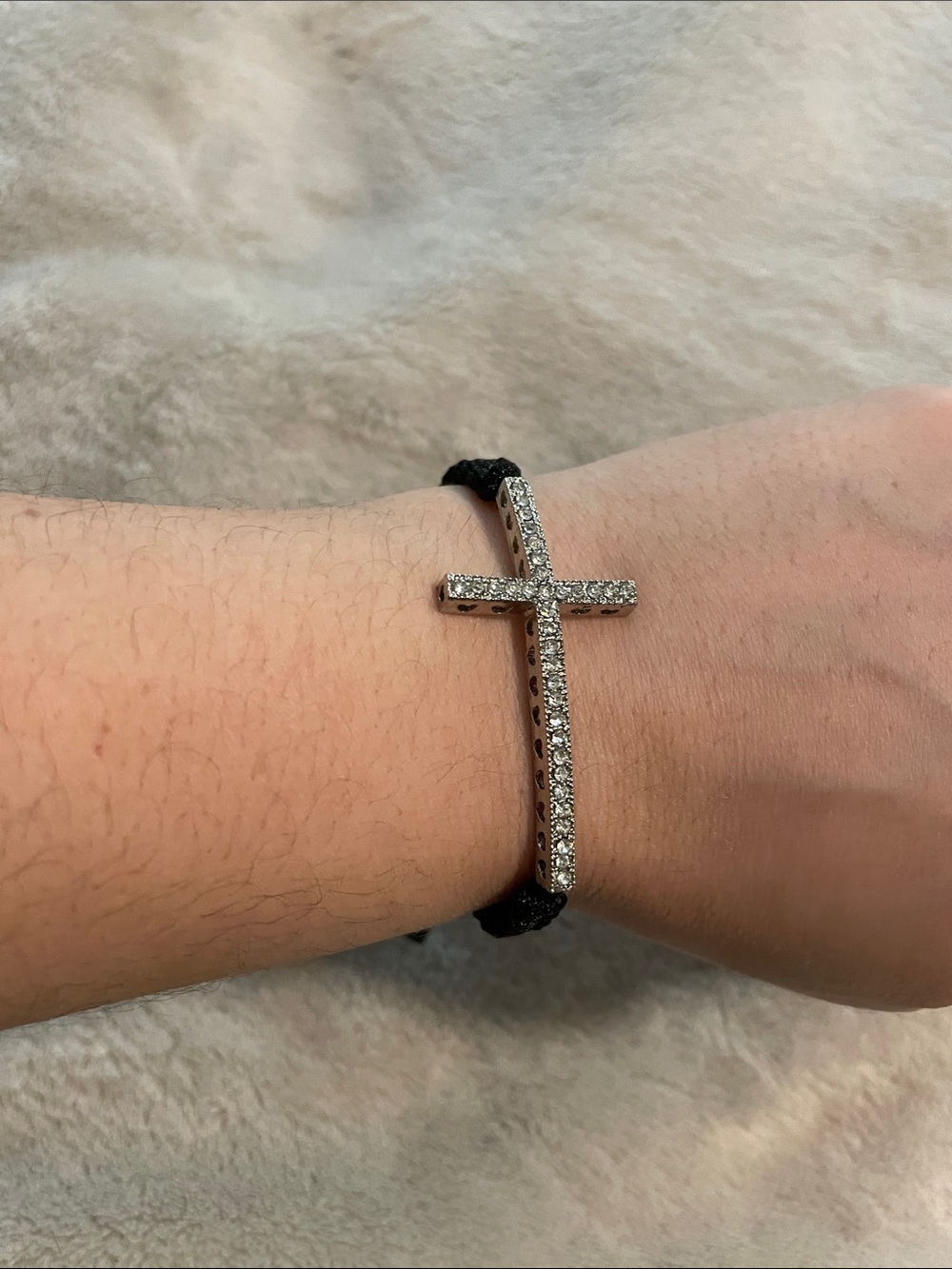 Unisex Black Cord Cross Bracelet with Silver Crystal Accent